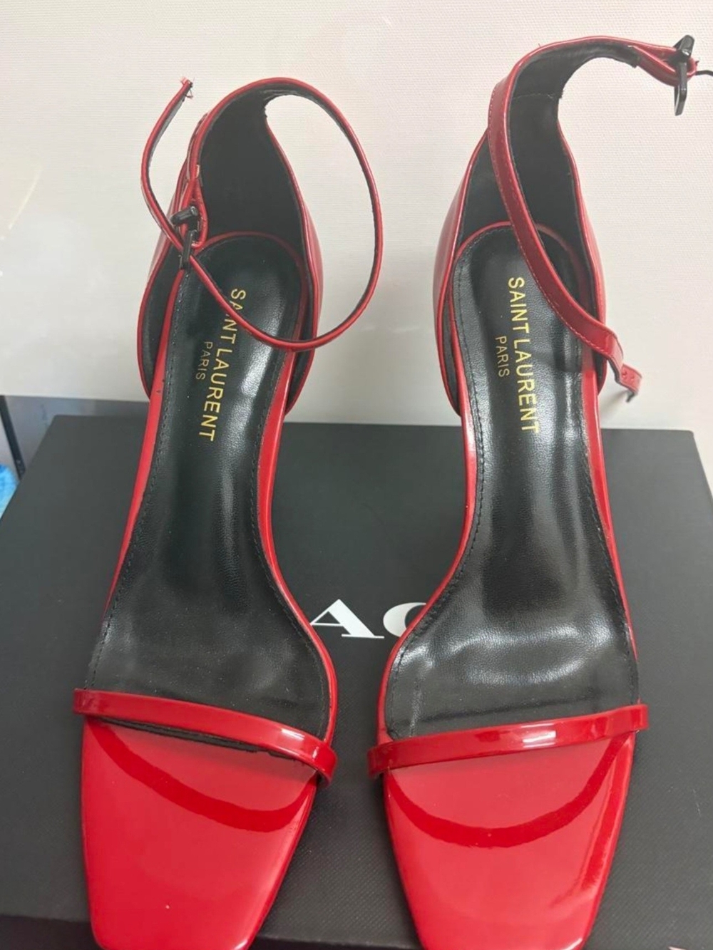 Saint Laurent Red Patent Leather Square-Toe Ankle-Strap Heels